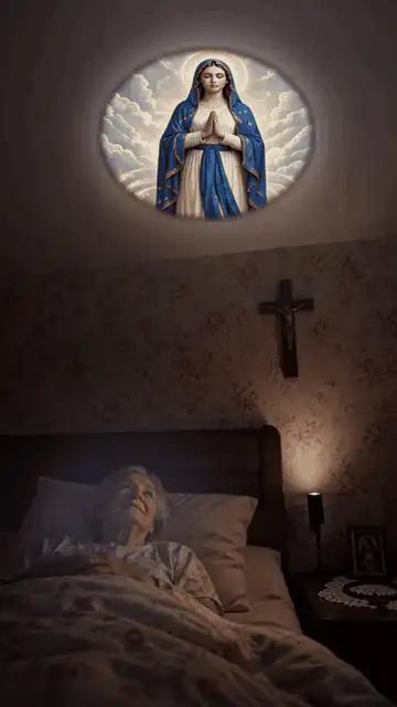 Animacja: uśmiechnięta babcia patrząca na projekcję Matki Bożej przy łóżku